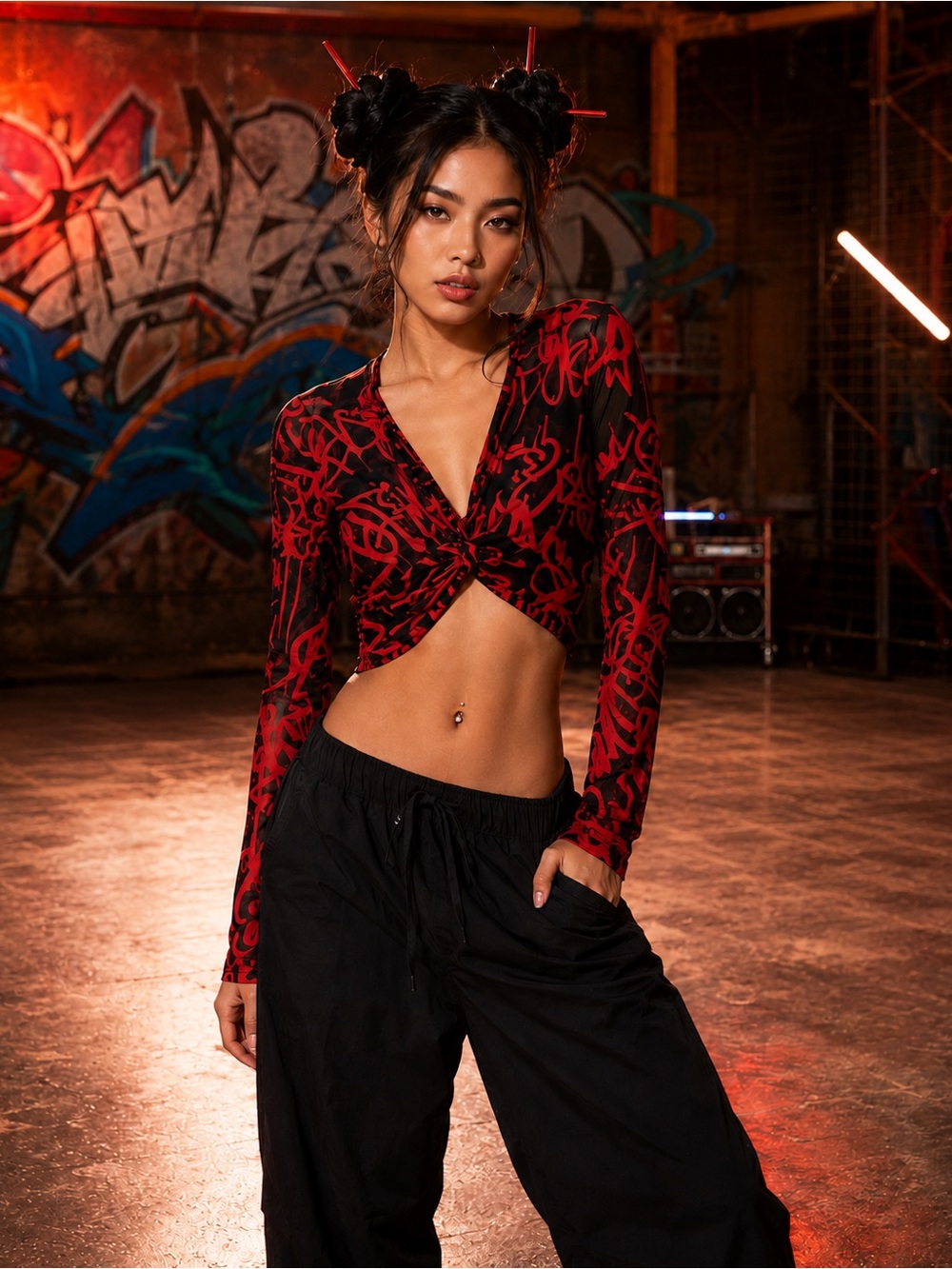 Impulsive Red & Black Graffiti Mesh Crop Top – Size XS